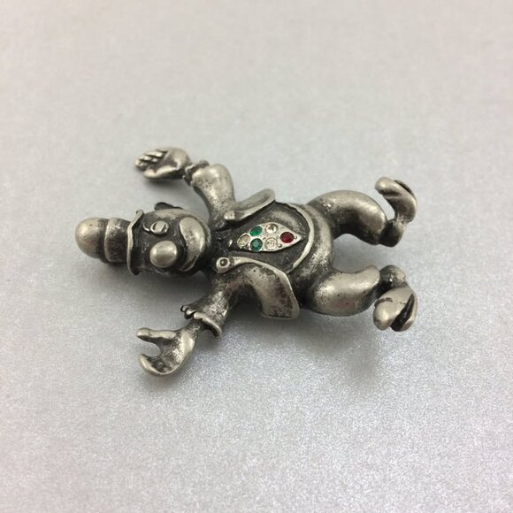 Vintage Silvetone Pewter Metal Clown Brooch Pin with Rhinestones - Picture 2 of 10